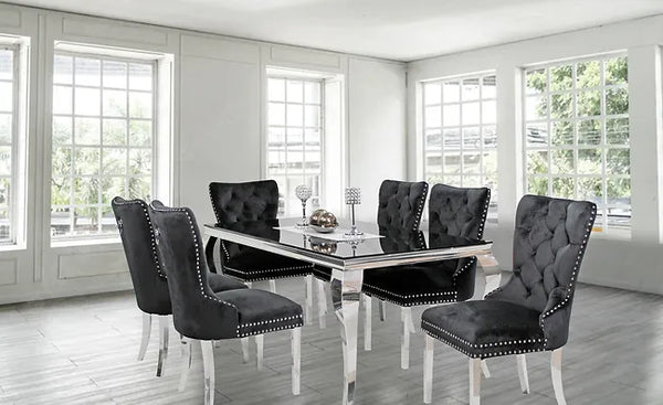 Black Glass Top Table with 6 Chairs