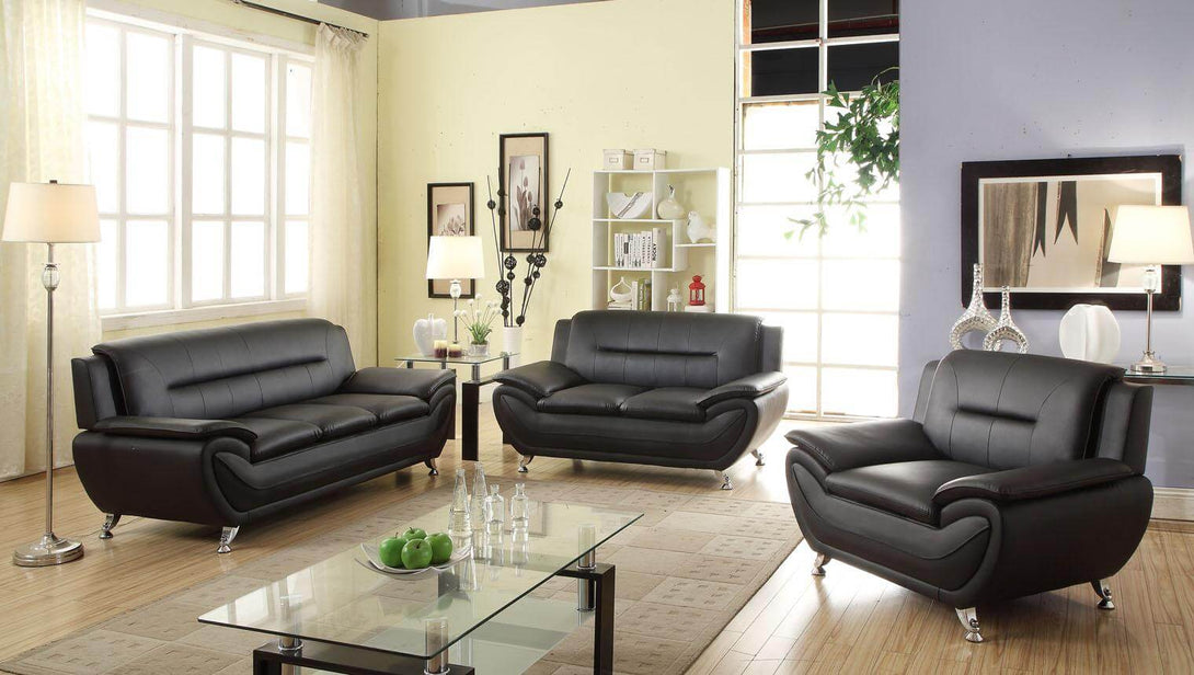 Black Bonded Leather 3 Pcs Living Set