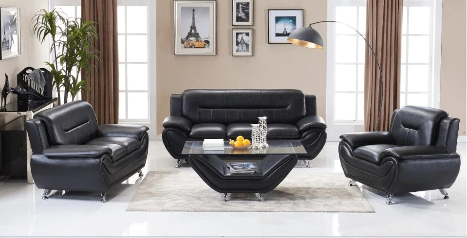 Black Bonded Leather 3 Pcs Living Set 1